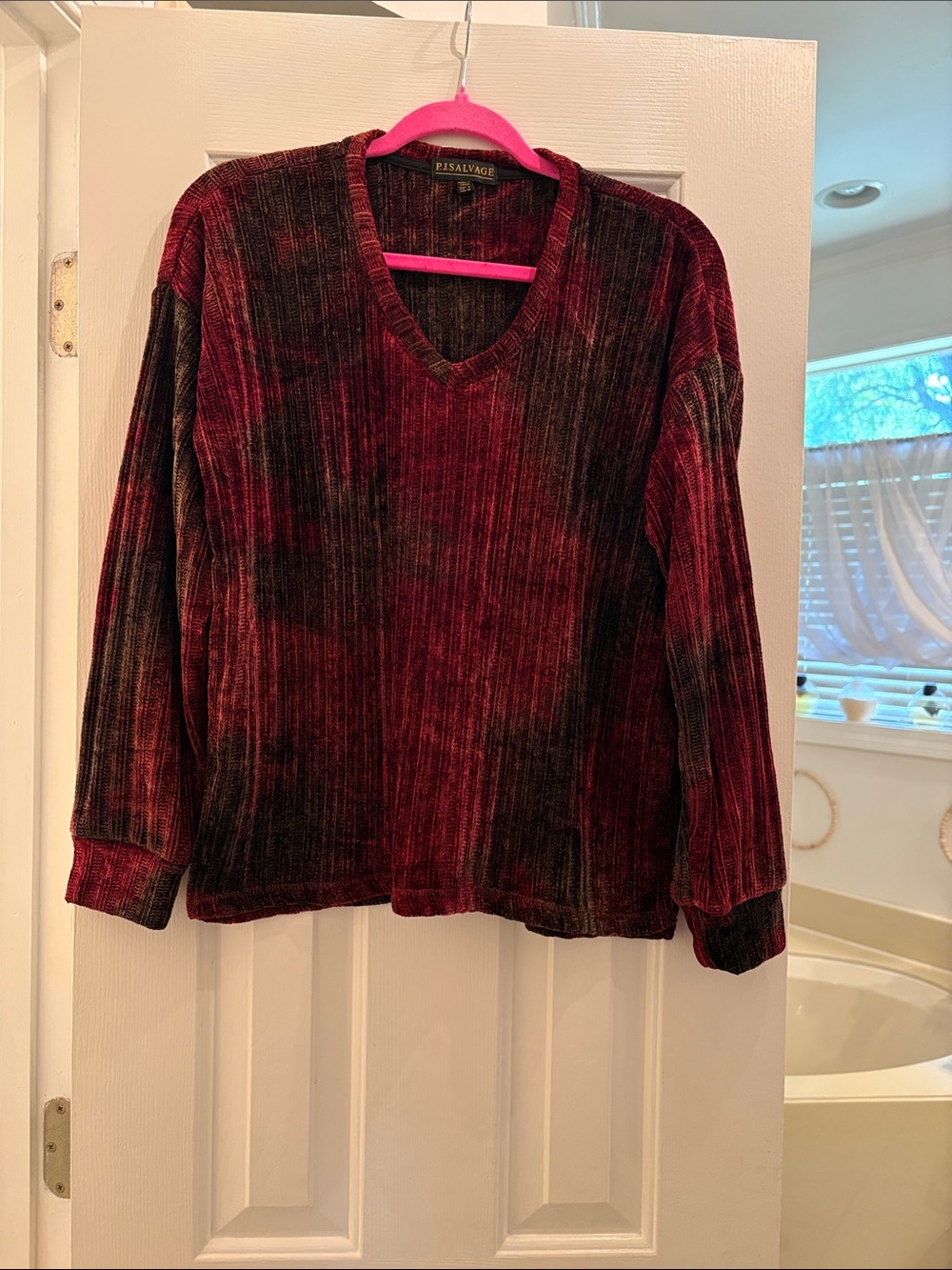 PJ Salvage Red and Dark Green Velvet Ribbed V-Neck Sweater